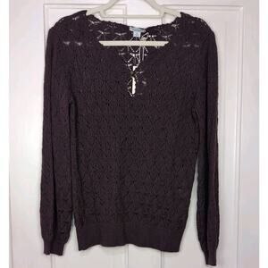 Sundance Open Stitch Pointella Knit Sweater Keyhole Plum Women's M NWT(1261)